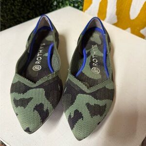 Rothy's Green Camouflage Flats with Blue Trim